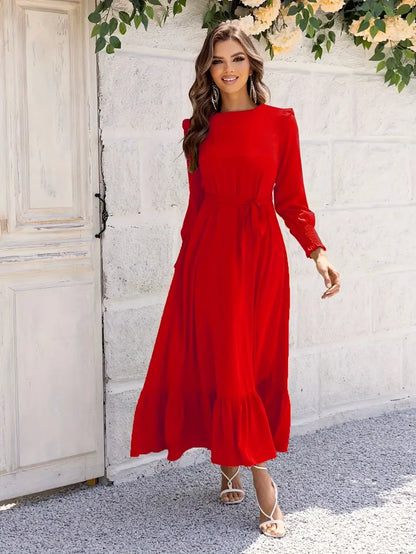 Crew Neck Smocked Cuff Tie-Waist Ruffle Hem Maxi Dress