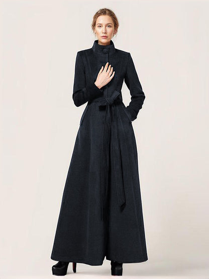 Long Wool Blend Coat Stand collar Belted Warm Classic Full-length Winter Outerwear For Women 2026