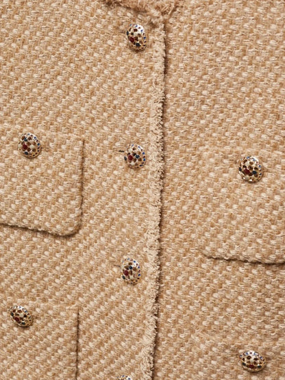 Round Neck Single-breasted Tweed Cardigan