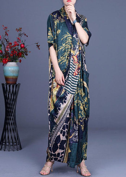 Boutique Khaki Print Overlapping asymmetrical design Silk Summer Maxi Dress