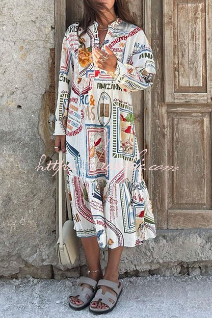 Dreamland Sarong Linen Blend Unique Print A-line Casual Vacation Dress