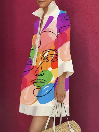 Abstract Art Print Collar Button Front Three-Quarter Sleeve Shift Mini Dress