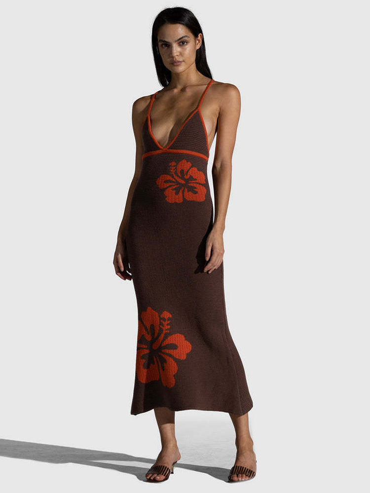 Knitted Dress Delicate Floral Halter Crossover Back Fitted Party Midi Dresses