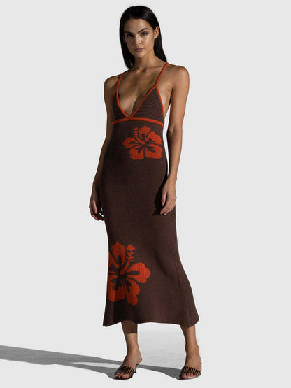 Knitted Dress Delicate Floral Halter Crossover Back Fitted Party Midi Dresses