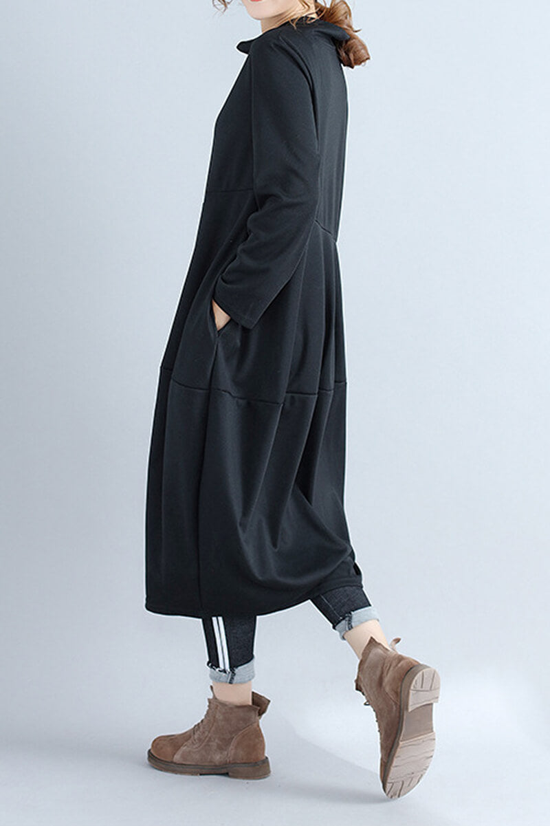 Mock Neck Asymmetric Seam Cocoon Oversized Long Sleeve Midi Dress