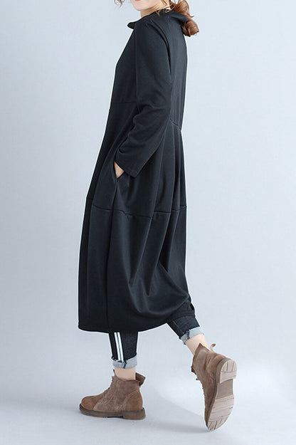 Mock Neck Asymmetric Seam Cocoon Oversized Long Sleeve Midi Dress