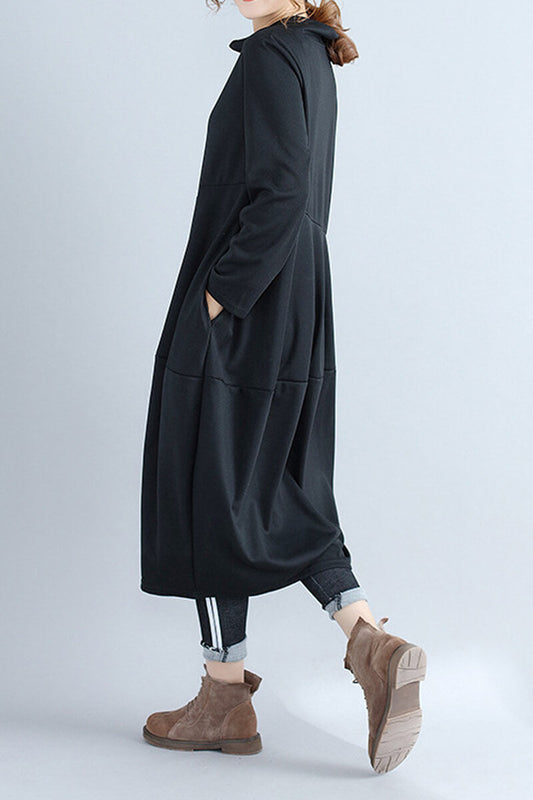 Mock Neck Asymmetric Seam Cocoon Oversized Long Sleeve Midi Dress