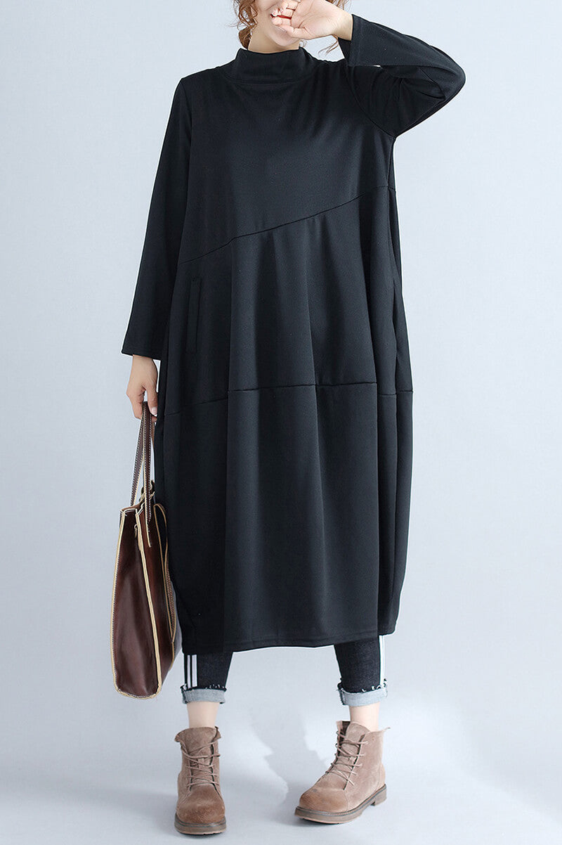 Mock Neck Asymmetric Seam Cocoon Oversized Long Sleeve Midi Dress
