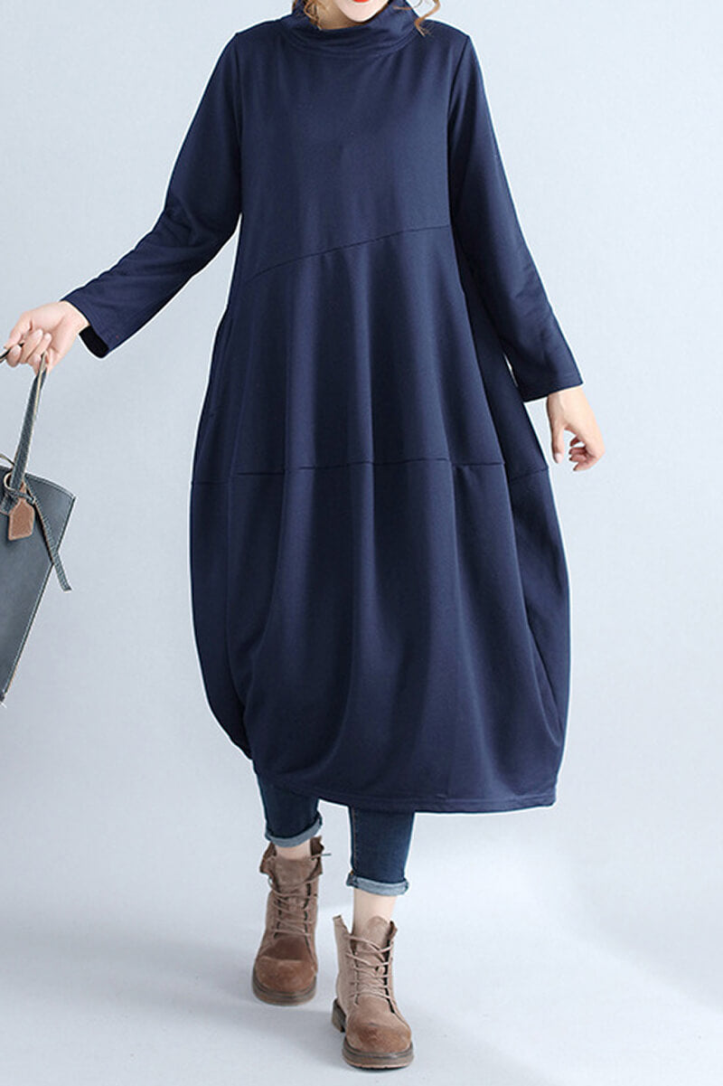 Mock Neck Asymmetric Seam Cocoon Oversized Long Sleeve Midi Dress
