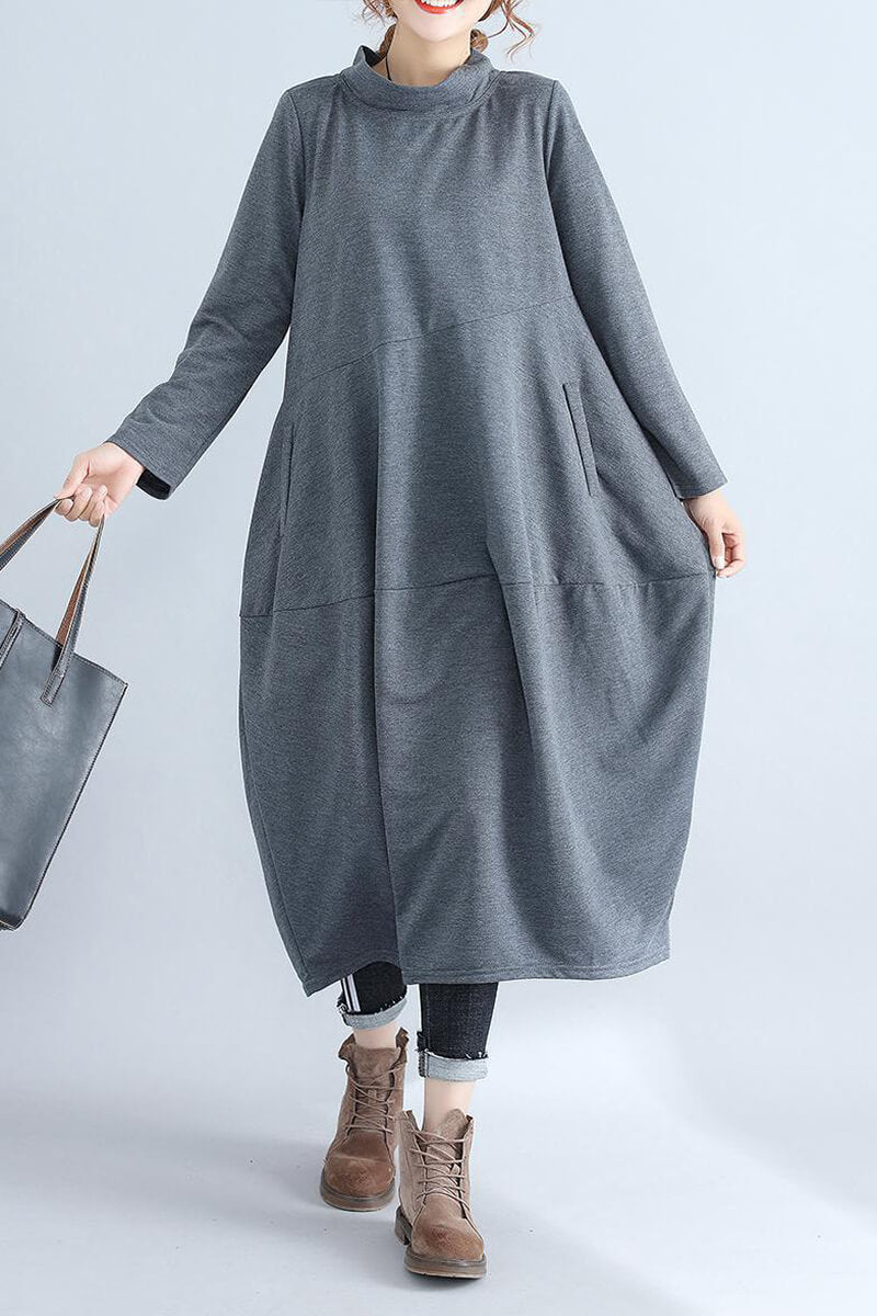 Mock Neck Asymmetric Seam Cocoon Oversized Long Sleeve Midi Dress
