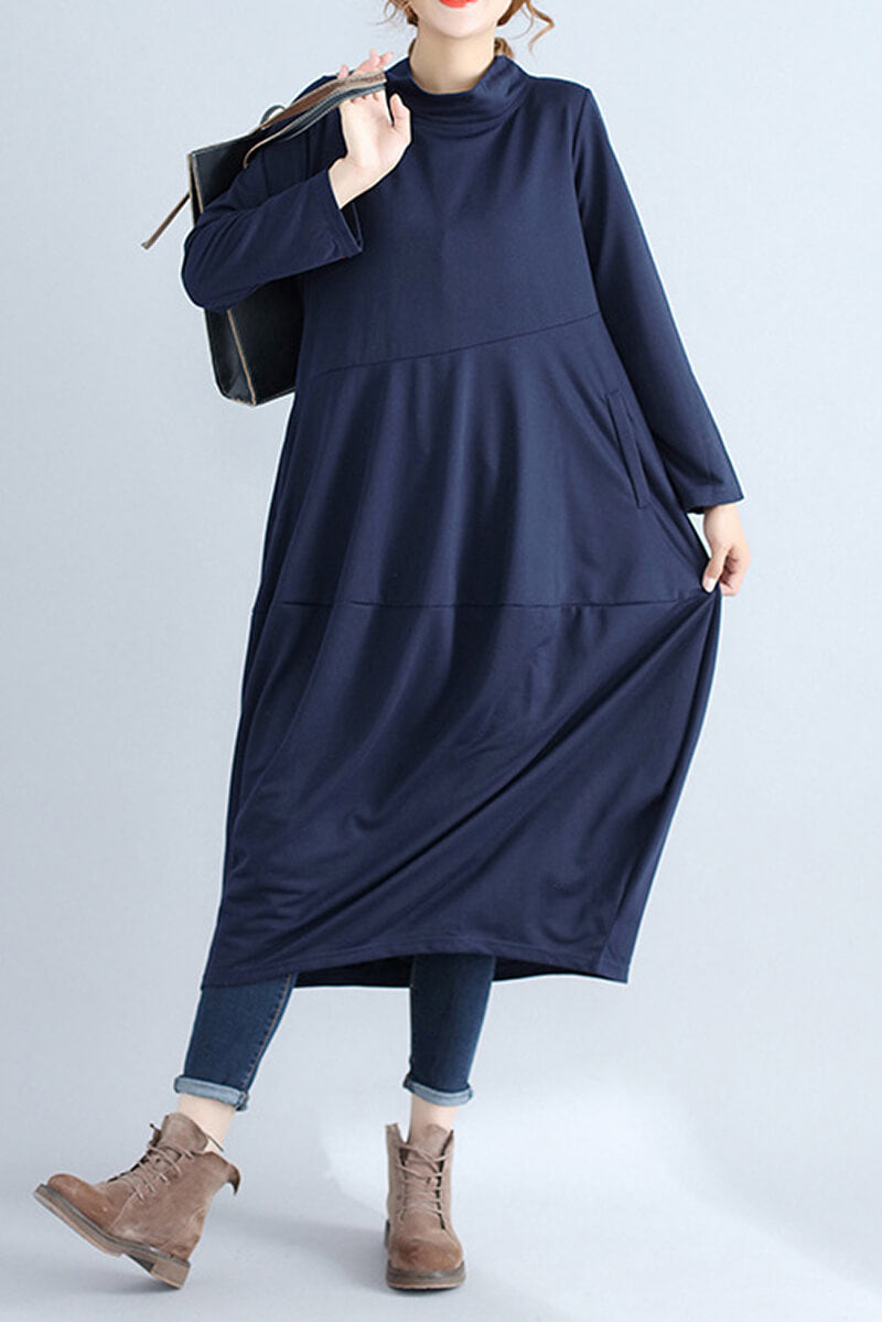 Mock Neck Asymmetric Seam Cocoon Oversized Long Sleeve Midi Dress
