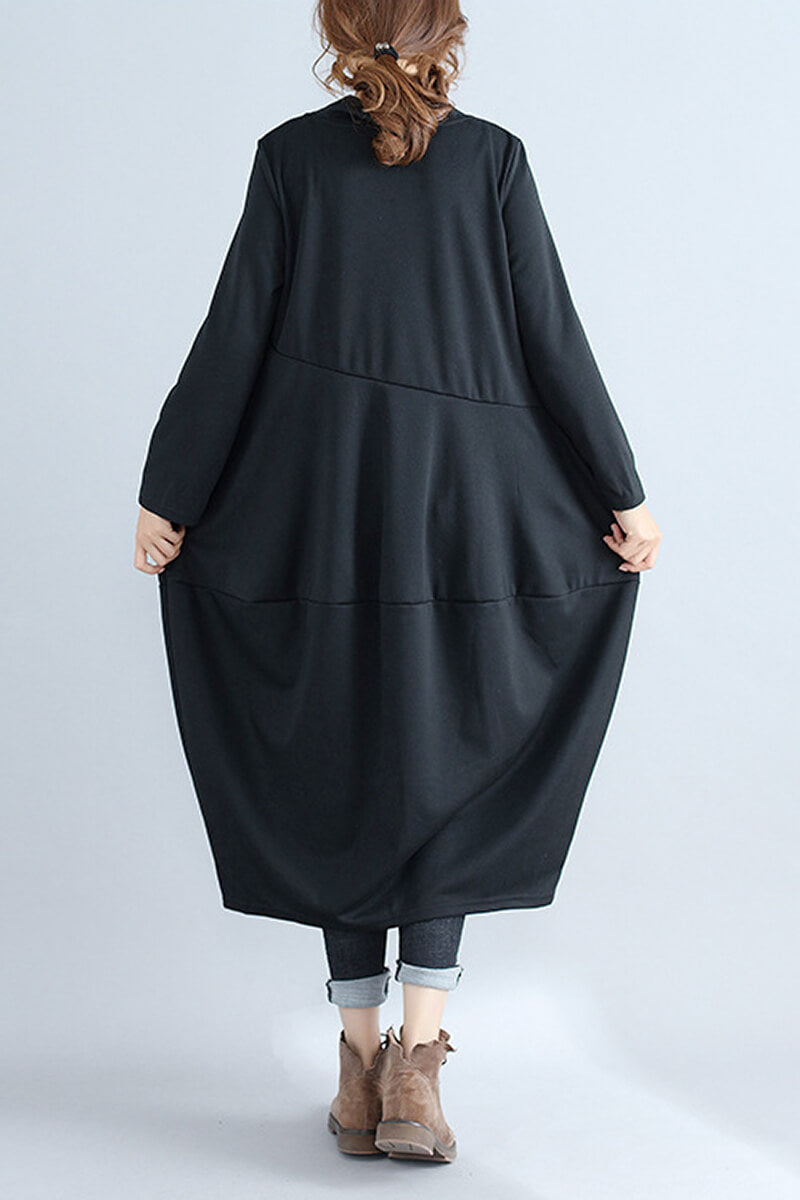 Mock Neck Asymmetric Seam Cocoon Oversized Long Sleeve Midi Dress