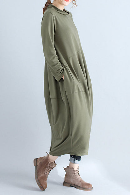Mock Neck Asymmetric Seam Cocoon Oversized Long Sleeve Midi Dress