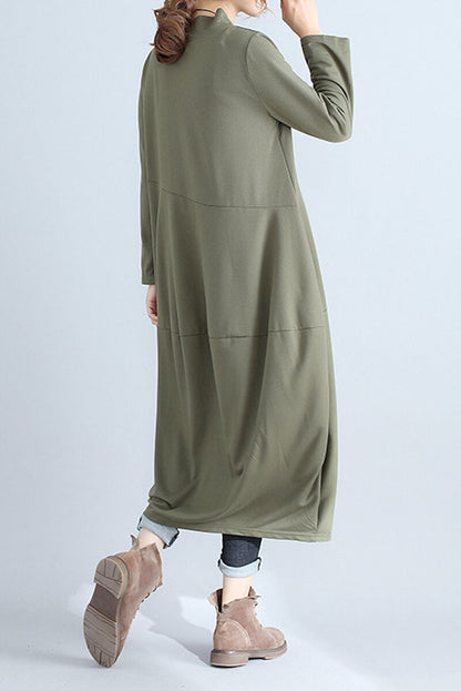 Mock Neck Asymmetric Seam Cocoon Oversized Long Sleeve Midi Dress