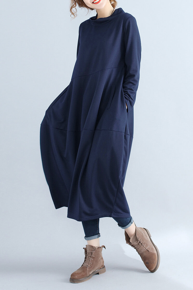 Mock Neck Asymmetric Seam Cocoon Oversized Long Sleeve Midi Dress