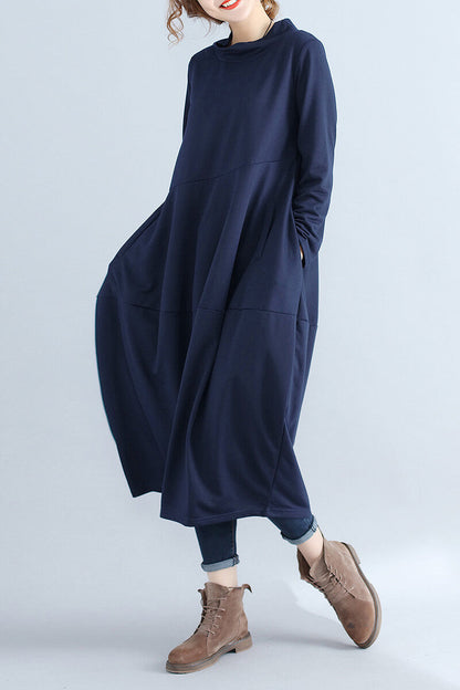 Mock Neck Asymmetric Seam Cocoon Oversized Long Sleeve Midi Dress