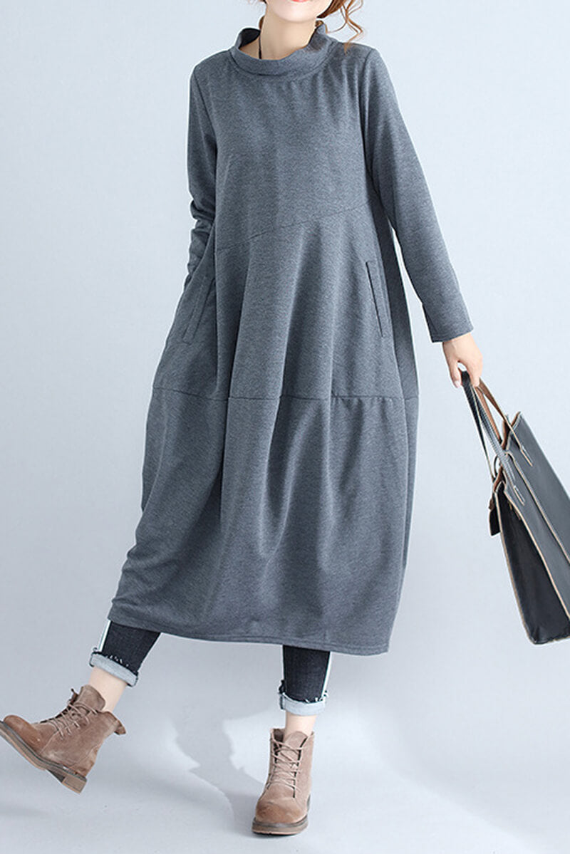 Mock Neck Asymmetric Seam Cocoon Oversized Long Sleeve Midi Dress