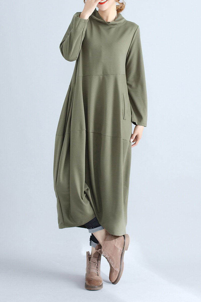 Mock Neck Asymmetric Seam Cocoon Oversized Long Sleeve Midi Dress