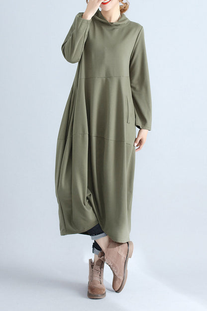 Mock Neck Asymmetric Seam Cocoon Oversized Long Sleeve Midi Dress