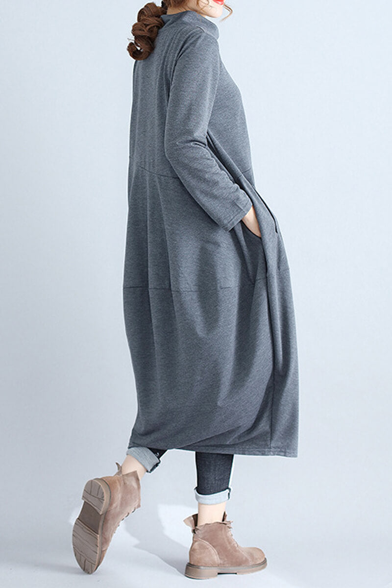 Mock Neck Asymmetric Seam Cocoon Oversized Long Sleeve Midi Dress