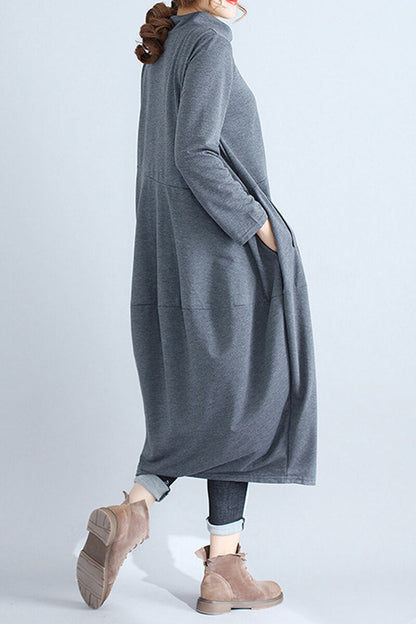 Mock Neck Asymmetric Seam Cocoon Oversized Long Sleeve Midi Dress