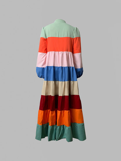 Long Sleeves Loose Buttoned Contrast Color Striped Stand Collar Maxi Dresses Outerwear