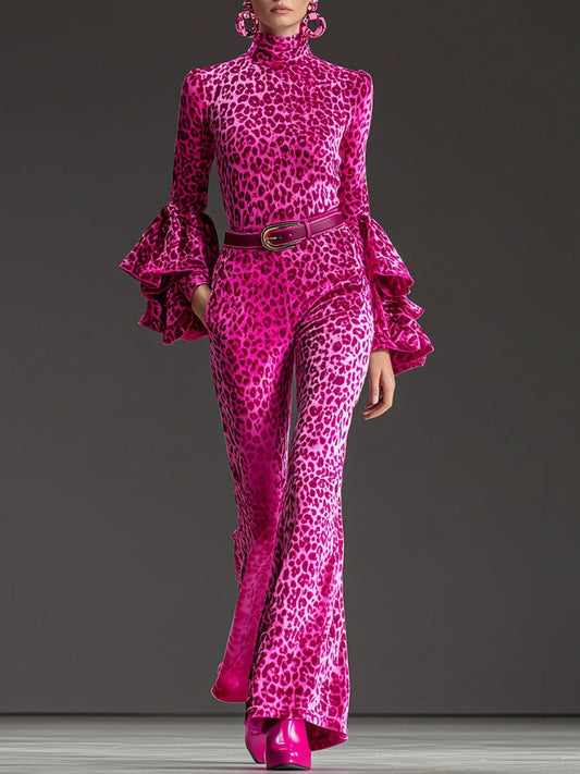 Women's Pink Leopard Print Ruffle Top And Flared Pants Set – Retro Outfit