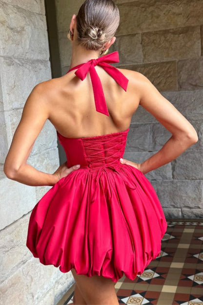 Halter Bow Back Corset Basque Waist Bubble Hem Mini Dress