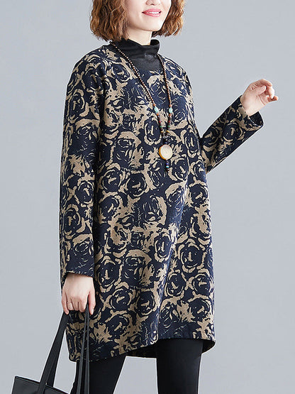 Artistic Retro Loose Long Sleeves Keep Warm Floral Printed High-Neck Mini Dresses