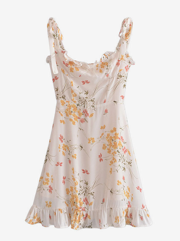 Mini Dresses Ecru White Floral Print Sleeveless Chiffon Short Dress