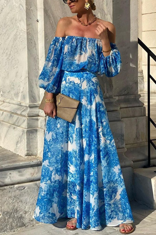 Off Shoulder Lantern Sleeves Printed Flowy Maxi Dress
