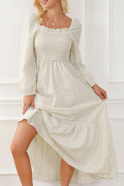 chic khaki plaid maxi dress