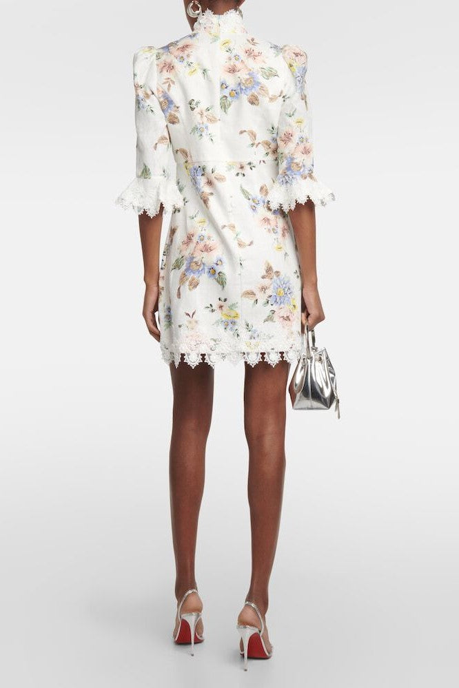 Floral Lace Button Long Sleeve Mini Dress