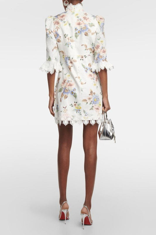Floral Lace Button Long Sleeve Mini Dress
