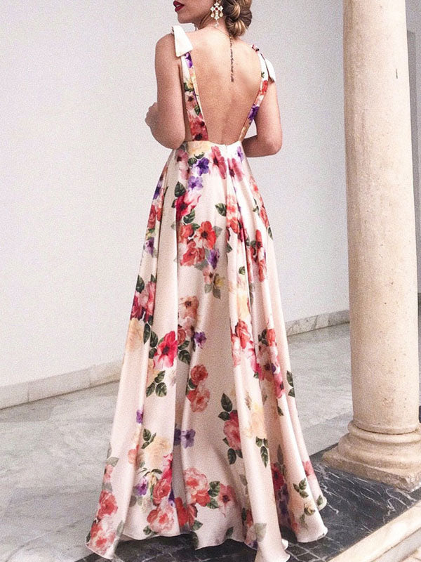 Floral Maxi Dress White V Neck Backless Chiffon Boho Summer Dress