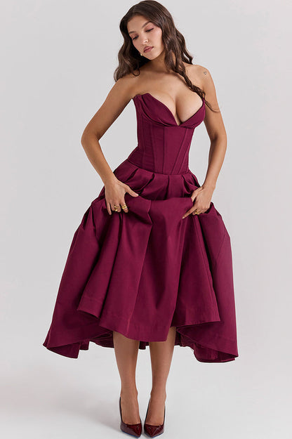 Strapless Deep Plunge Corset Boned Pleated A-Line Midi Dress