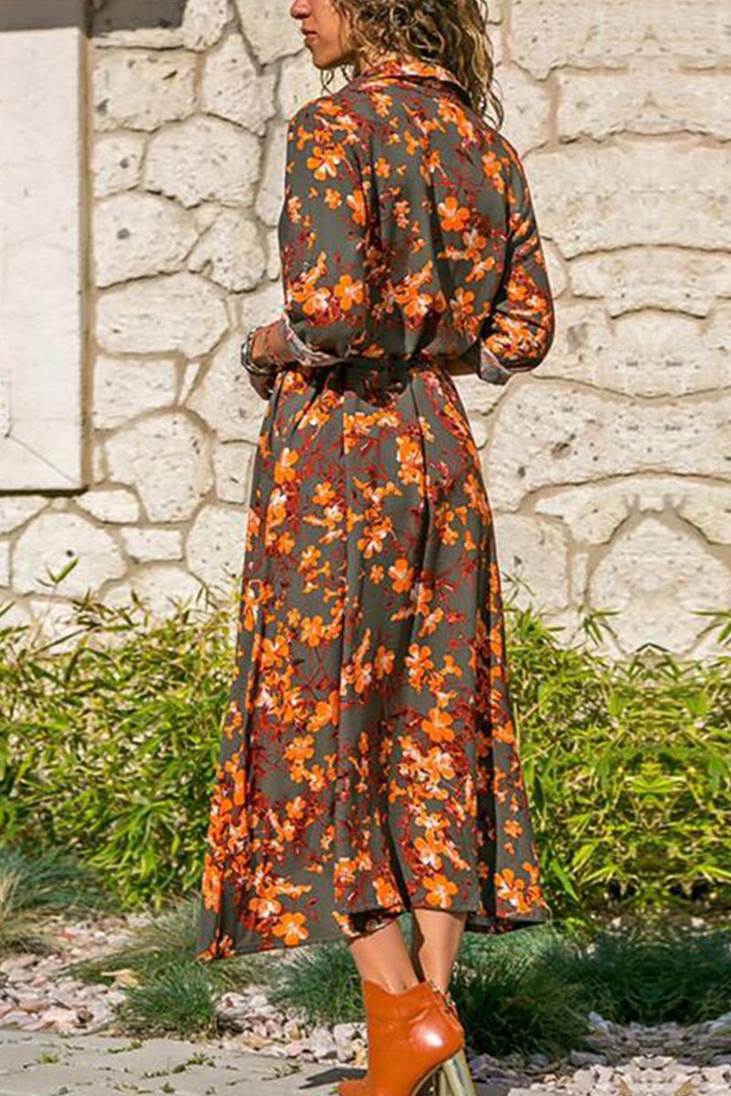 Tropical Botanical Print Collared Button-Front Tie-Waist Maxi Shirt Dress
