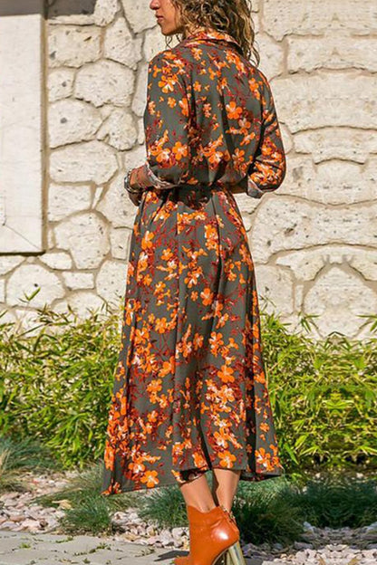 Tropical Botanical Print Collared Button-Front Tie-Waist Maxi Shirt Dress