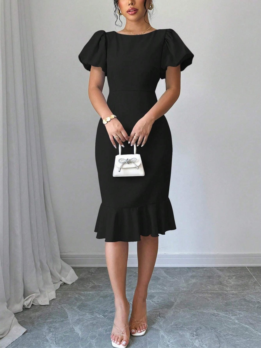 Round Neck Lantern Sleeve Ruffled Fishtail Midi Dress