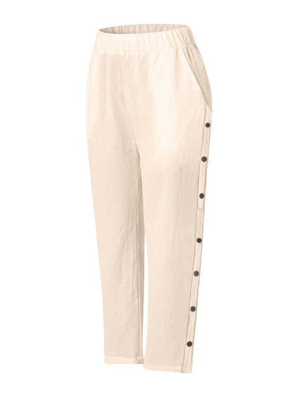 Breathable Cotton And Linen Cropped Trousers With Decorative Side Seams, Side Pockets, And A High Waist.