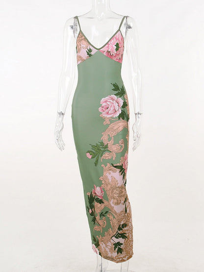 V-neck Camisoles Printed Sexy Backless Maxi Dresses