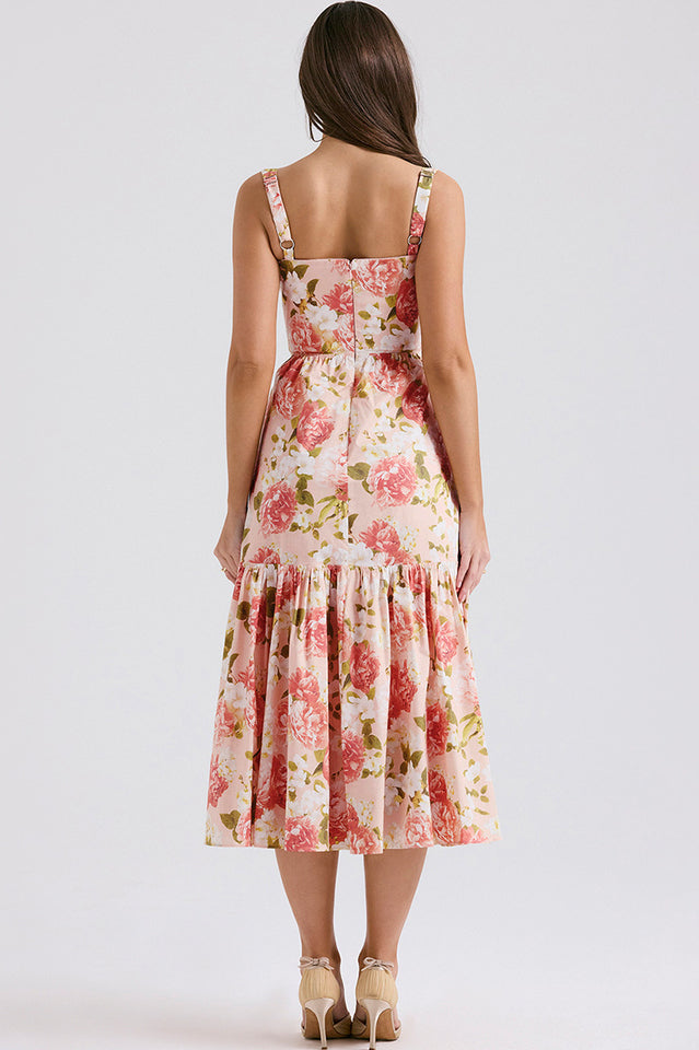 Floral Print Sweetheart Bustier Wide Strap Tiered Ruffle Hem Midi Dress