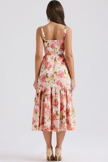 Floral Print Sweetheart Bustier Wide Strap Tiered Ruffle Hem Midi Dress