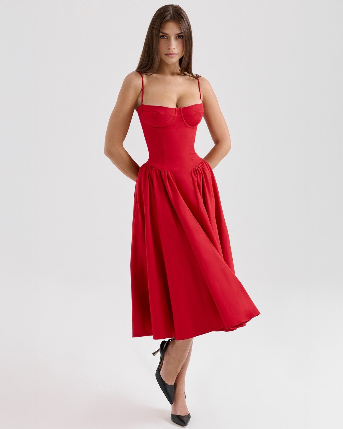 Halter Neck Plunging V Neck Dropped Waist Pleated Full Skirt Midi Dress