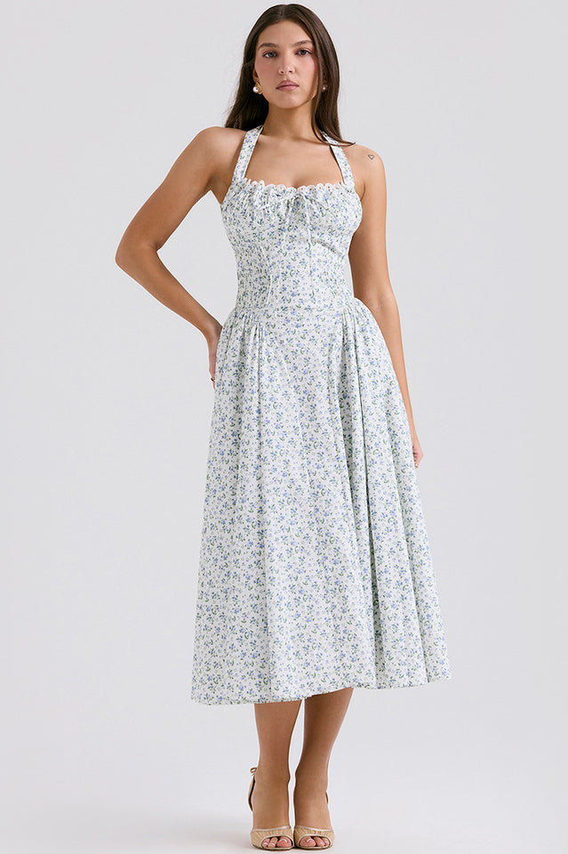 Halter Sweetheart Neck Lace Trim Ditsy Floral Corset Bodice Midi Dress