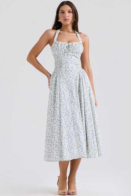 Halter Sweetheart Neck Lace Trim Ditsy Floral Corset Bodice Midi Dress