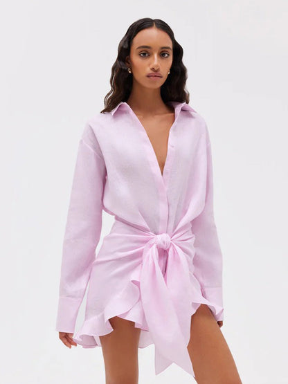 Pure Cotton Lapel Hip-hugging Shirts Mini&Short Dresses