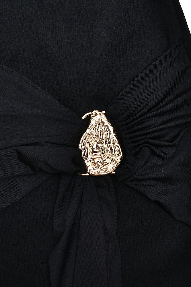 Boat Neck Draped Waist Metal Brooch Detail Side Sash Mini Dress