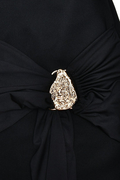 Boat Neck Draped Waist Metal Brooch Detail Side Sash Mini Dress