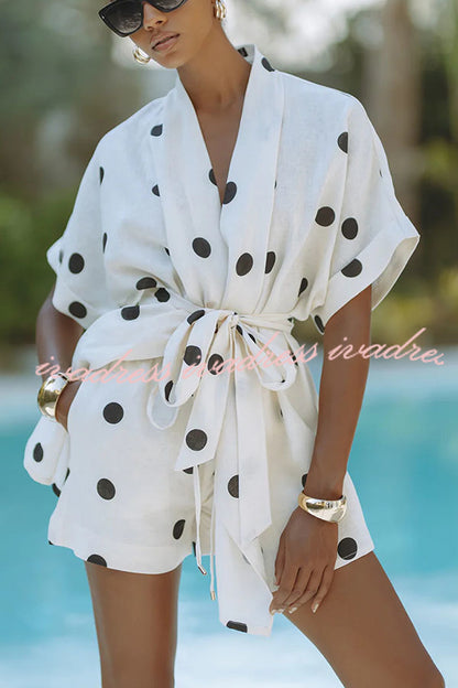 Playful Linen Blend Polka Dot Tie-up Kimono Top and Elastic Waist Pocket Shorts Set